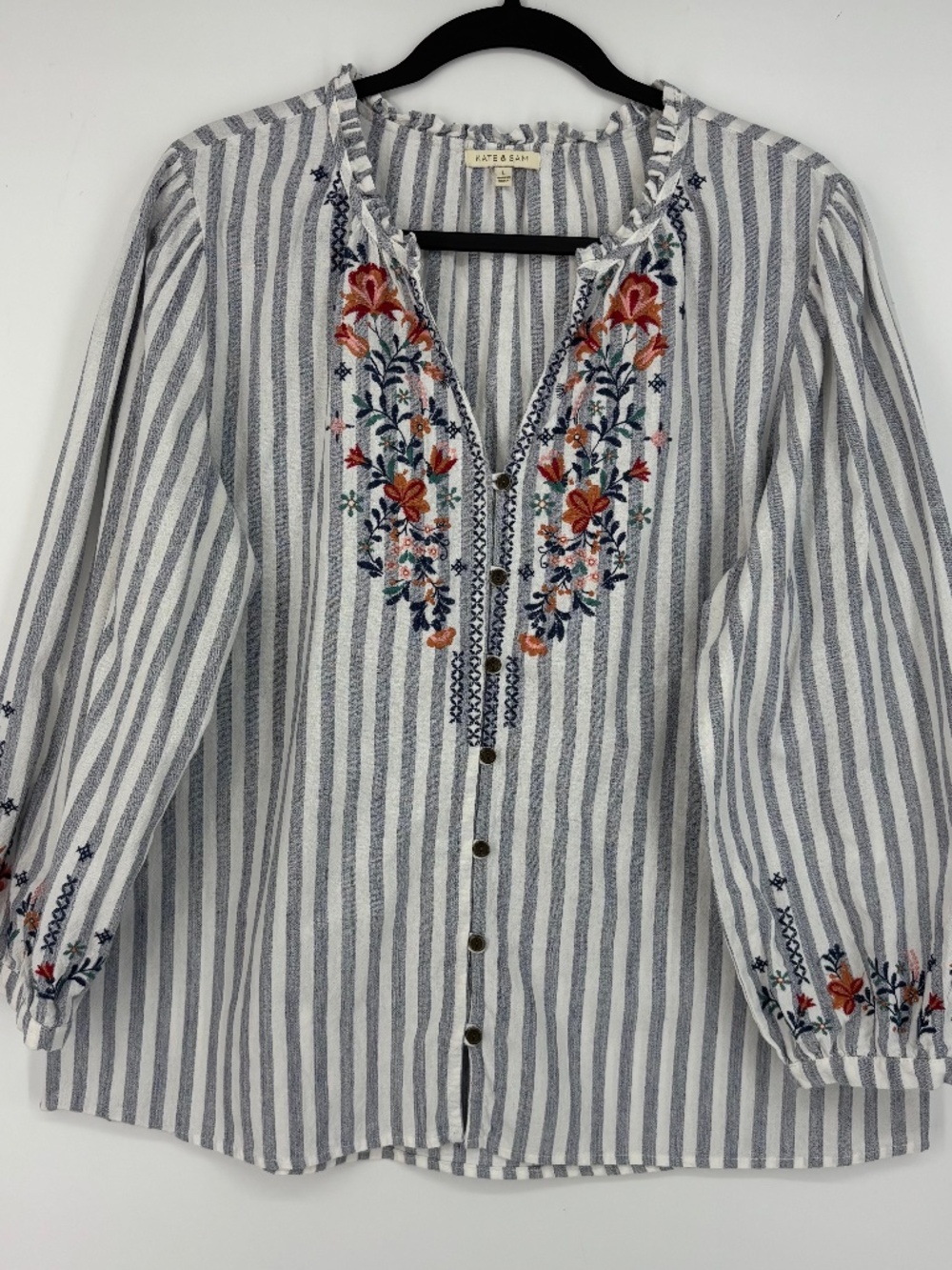 Kate & Sam Womens Large Button Up Blouse Blue White Stripes Floral Embroidery